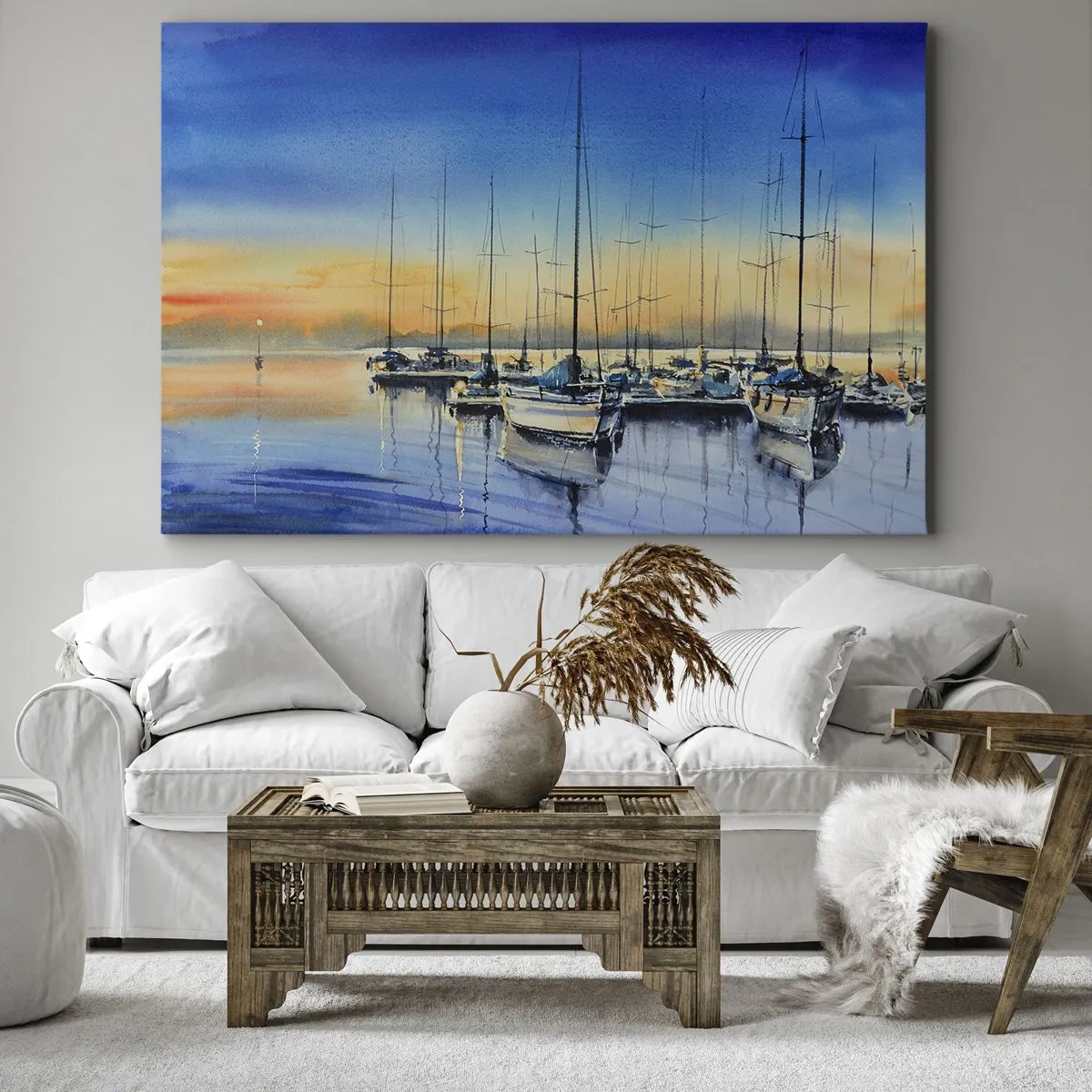 Schilderen op canvas - Jachthaven bij zonsondergang met weerspiegelingen op het water - 70x50cm - Einde van een goede dag - Moderne wanddecoratie voor woonkamer en slaapkamer ARTTOR
