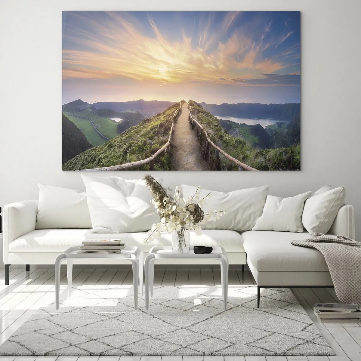 Schilderen op glas - Heuveltoppad met uitzicht op de zonsondergang - 70x50cm - Dicht bij de hemel - Moderne wanddecoratie voor woonkamer en slaapkamer ARTTOR