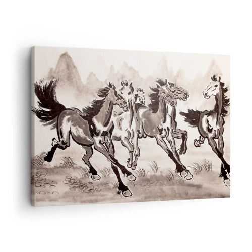 Schilderen op canvas - Dynamische graphics van galopperende paarden in oosterse stijl - 70x50cm - In een vrolijke galop - Moderne wanddecoratie voor woonkamer en slaapkamer ARTTOR
