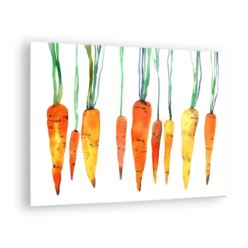 Schilderen op glas - Aquarelwortels in verschillende tinten oranje met groene stengels - 70x50cm - De schoonheid van het gewone - Moderne wanddecoratie voor woonkamer en slaapkamer ARTTOR