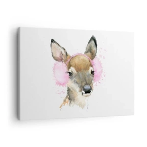 Schilderen op canvas - Aquarelhert met roze oorwarmers - 70x50cm - En de vorst is niet langer verschrikkelijk - Moderne wanddecoratie voor woonkamer en slaapkamer ARTTOR