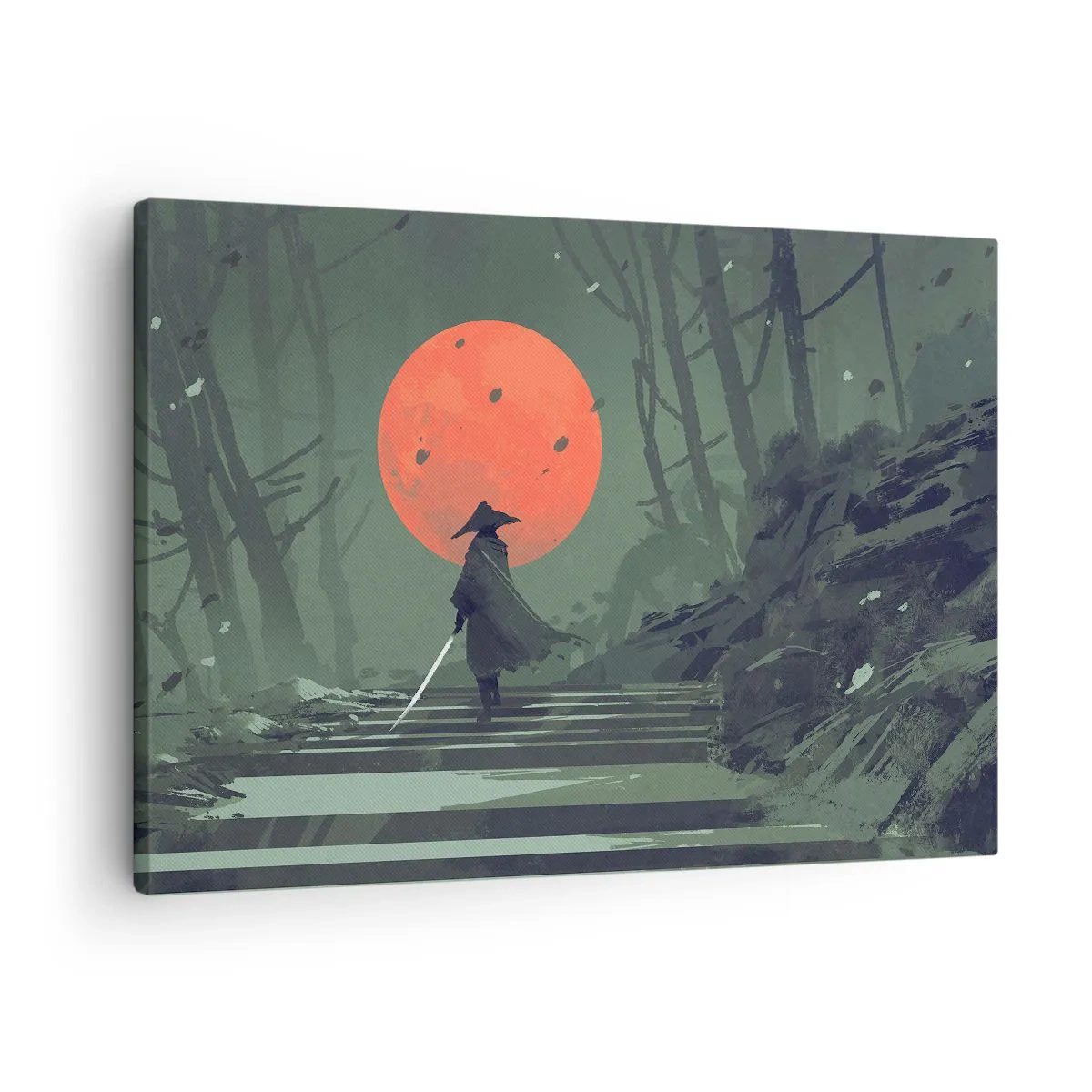 Schilderen op canvas - Een eenzame krijger met een zwaard tegen de achtergrond van een rode maan in een donker bos. - 70x50cm - Rode maan krijger - Moderne wanddecoratie voor woonkamer en slaapkamer ARTTOR