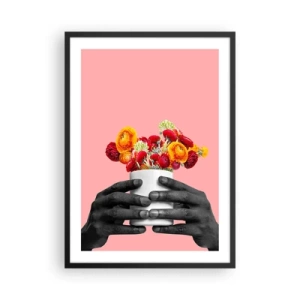 Poster in een zwarte lijst - Zwarte handen die een boeket bloemen vasthouden op een roze achtergrond - 50x70cm - De apotheose van het leven - Moderne wanddecoratie voor woonkamer en slaapkamer ARTTOR