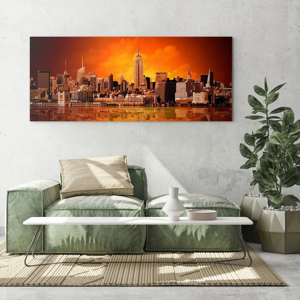 Schilderen op glas - Het grote stadspanorama in geel en brons - 100x40 cm
