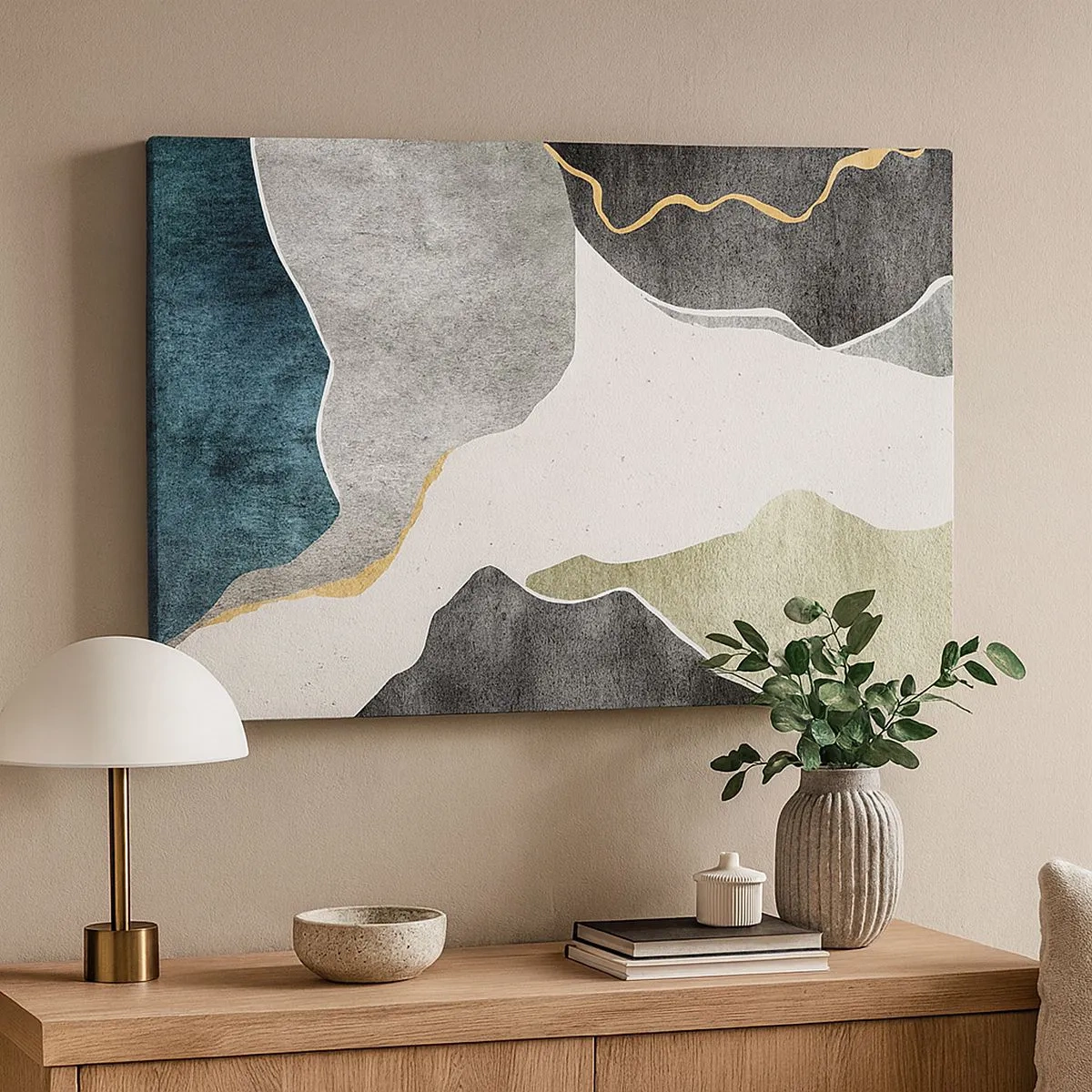 Schilderen op canvas - Geometrische vormen in tinten grijs, groen en goud - 70x50cm - Mozaïekcompositie met gouddraad - Moderne wanddecoratie voor woonkamer en slaapkamer ARTTOR