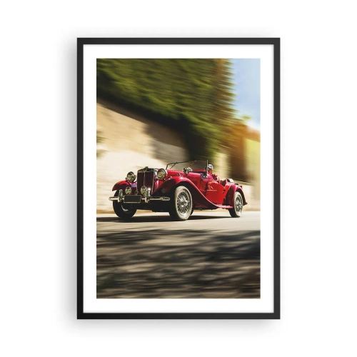 Poster in een zwarte lijst - Rode klassieke auto tegen een wazig landschap - 50x70cm - Mooier dan Nike van Samothrace - Moderne wanddecoratie voor woonkamer en slaapkamer ARTTOR