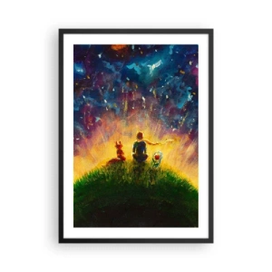 Poster in een zwarte lijst - Figuren zittend op een heuvel onder een sterrenhemel - 50x70cm - Liefde en vriendschap - de hele wereld - Moderne wanddecoratie voor woonkamer en slaapkamer ARTTOR