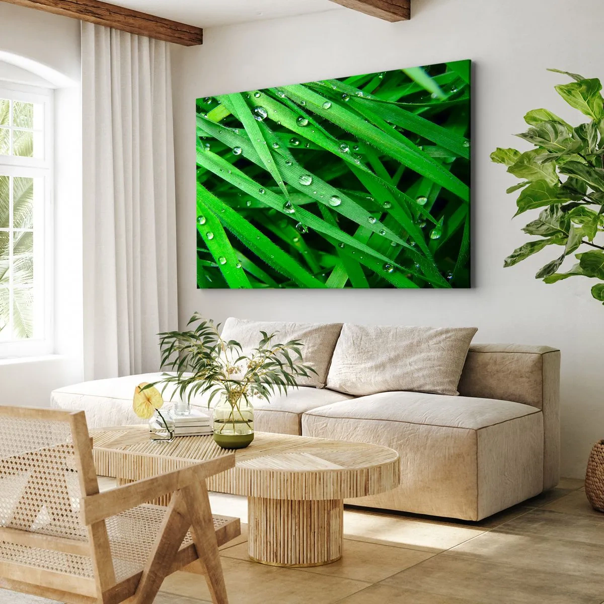 Schilderen op canvas - Close-up van groene grassprieten met dauwdruppels - 70x50cm - Speel groen - Moderne wanddecoratie voor woonkamer en slaapkamer ARTTOR