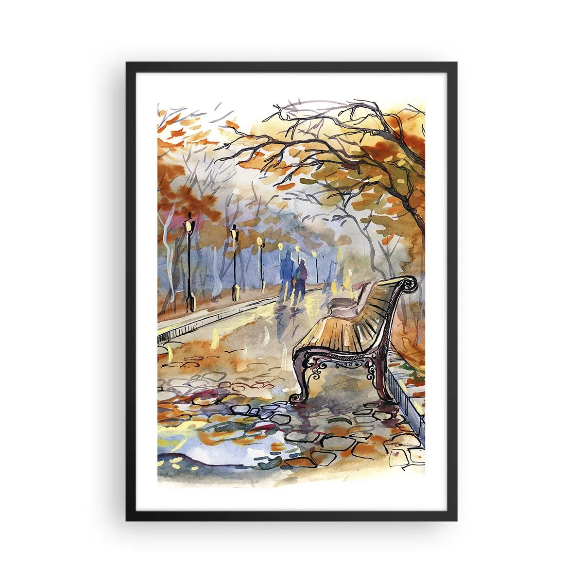 Poster in een zwarte lijst - Bankje in een herfstpark, aquarel - 50x70cm - Samen wandelen in de herfst - Moderne wanddecoratie voor woonkamer en slaapkamer ARTTOR