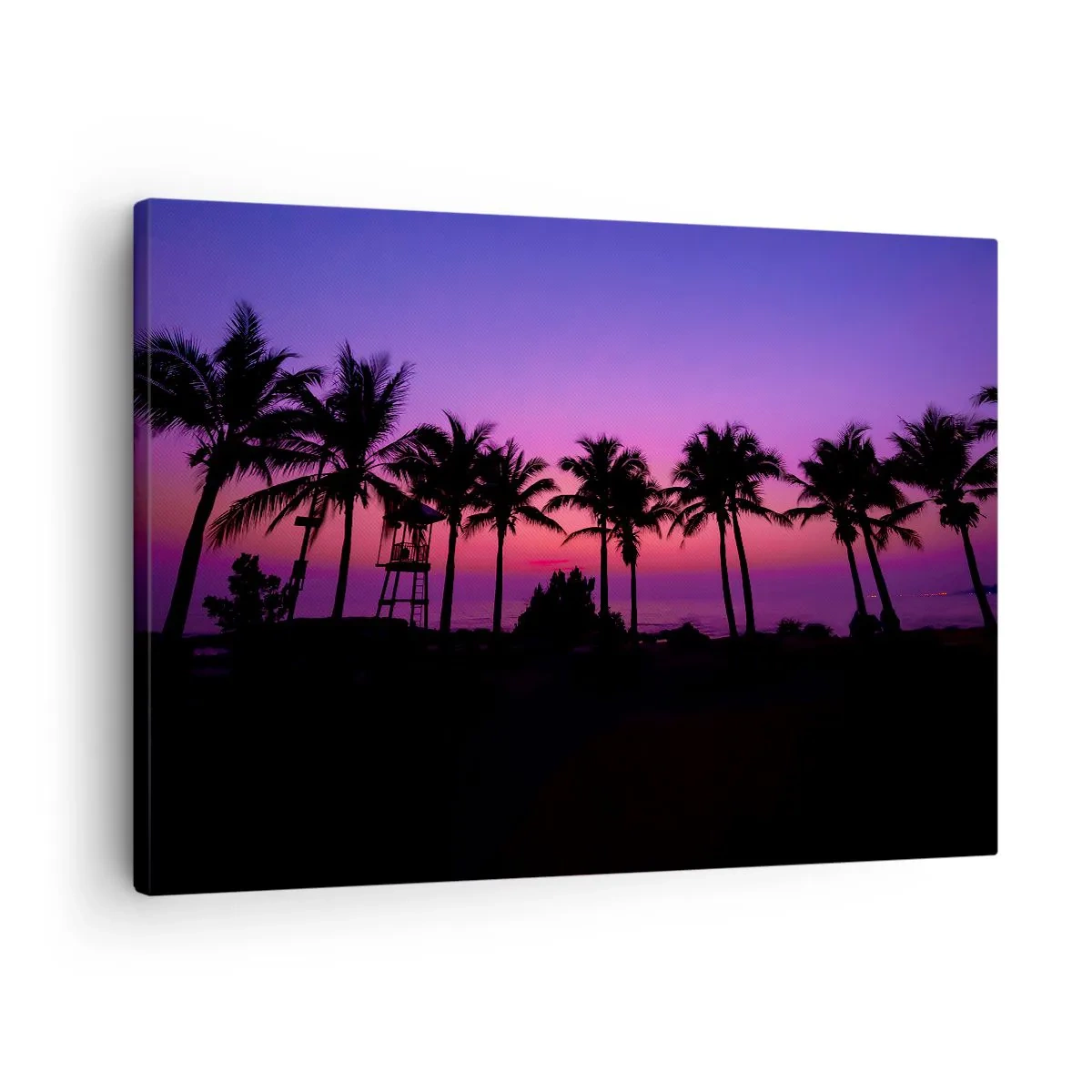 Schilderen op canvas - Silhouetten van palmbomen tegen een roze-paarse zonsonderganghemel - 70x50cm - Avond onder de palmbomen - Moderne wanddecoratie voor woonkamer en slaapkamer ARTTOR