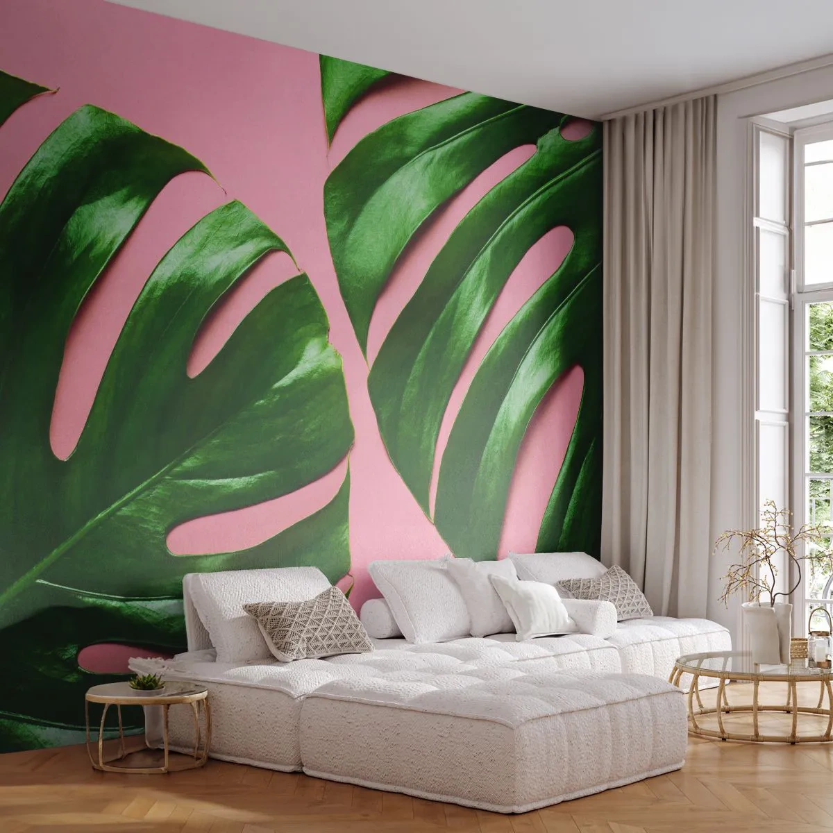 Fotobehang Premium Canvas - Groene rendez-vous - Monstera, Groen blad, Exotische plant - 400x280 cm