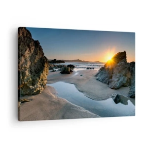 Schilderen op canvas - Schilderachtige zonsondergang op een rotsstrand - 70x50cm - Onaangeroerd door een menselijke hand - Moderne wanddecoratie voor woonkamer en slaapkamer ARTTOR