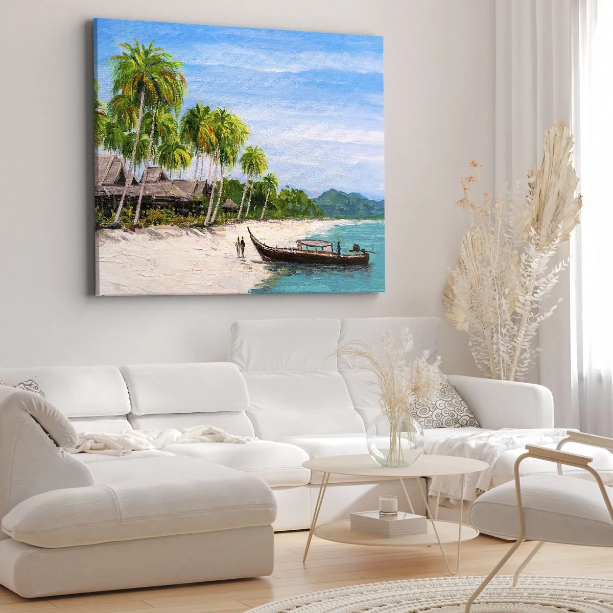 Schilderen op canvas - Een exotisch strand met palmbomen en een boot aan de kust - 70x50cm - Een exotische droom - Moderne wanddecoratie voor woonkamer en slaapkamer ARTTOR