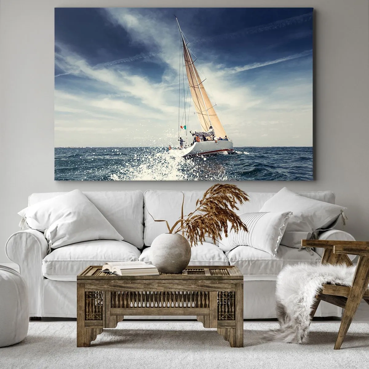 Schilderen op canvas - Een zeilboot op een stormachtige zee onder een blauwe lucht - 70x50cm - Ze halen ons niet in! - Moderne wanddecoratie voor woonkamer en slaapkamer ARTTOR