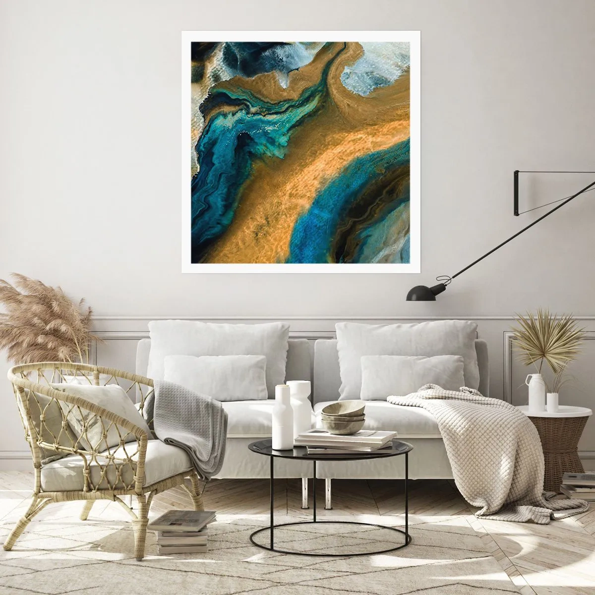 Poster - Blauw - geel - wederzijdse invloeden - 40x40 cm