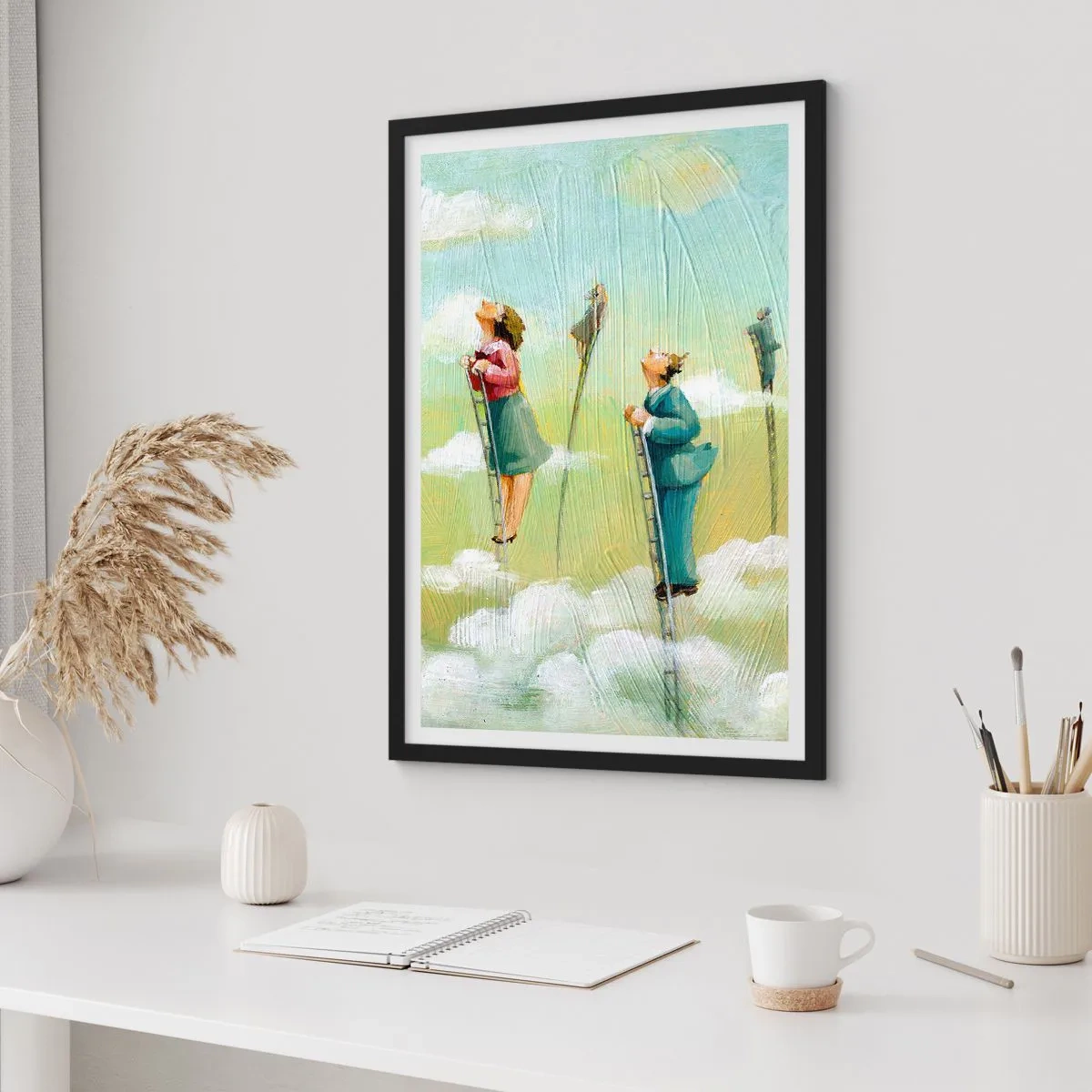Poster in een zwarte lijst - Personages die ladders in de wolken beklimmen - 50x70cm - Achter je droom - Moderne wanddecoratie voor woonkamer en slaapkamer ARTTOR