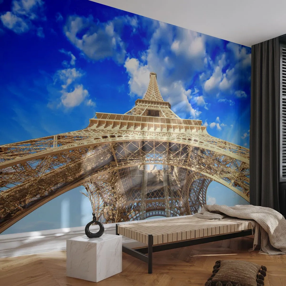 Fotobehang Premium Sand - Reiken naar de hemel en de wolken - Stad, Parijs, Eiffeltoren - 400x280 cm