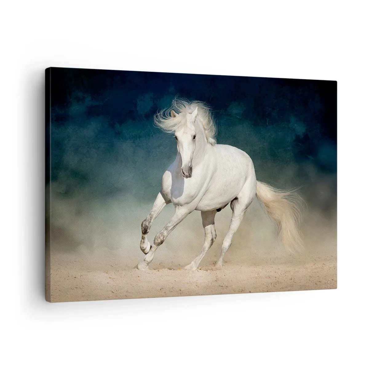 Schilderen op canvas - Een wit paard galoppeert tegen een wazige lucht - 70x50cm - Vrijheid in zijn pure staat - Moderne wanddecoratie voor woonkamer en slaapkamer ARTTOR