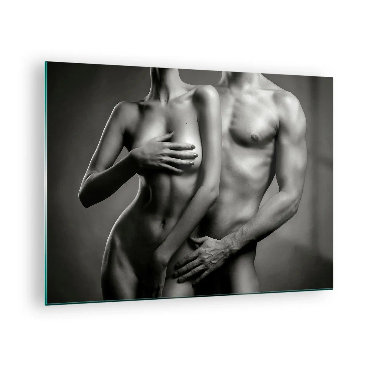 Schilderen op glas - Zwart-witcompositie met naakte silhouetten van een stel - 70x50cm - Adam en Eva - Moderne wanddecoratie voor woonkamer en slaapkamer ARTTOR