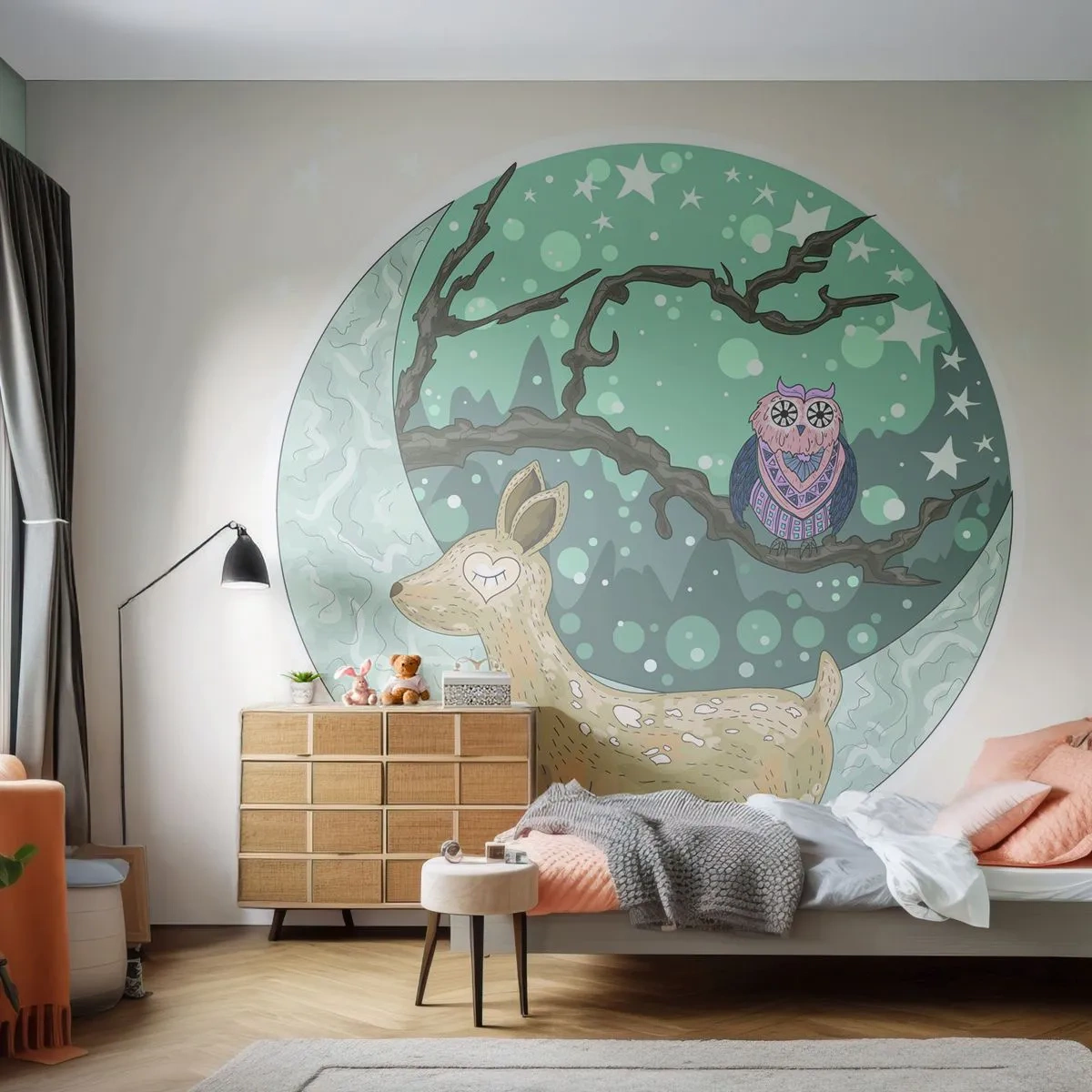 Fotobehang Premium Canvas - Een sprookjesachtige bosnacht - Voor kinderen, Grafisch, Sterren - 250x175 cm