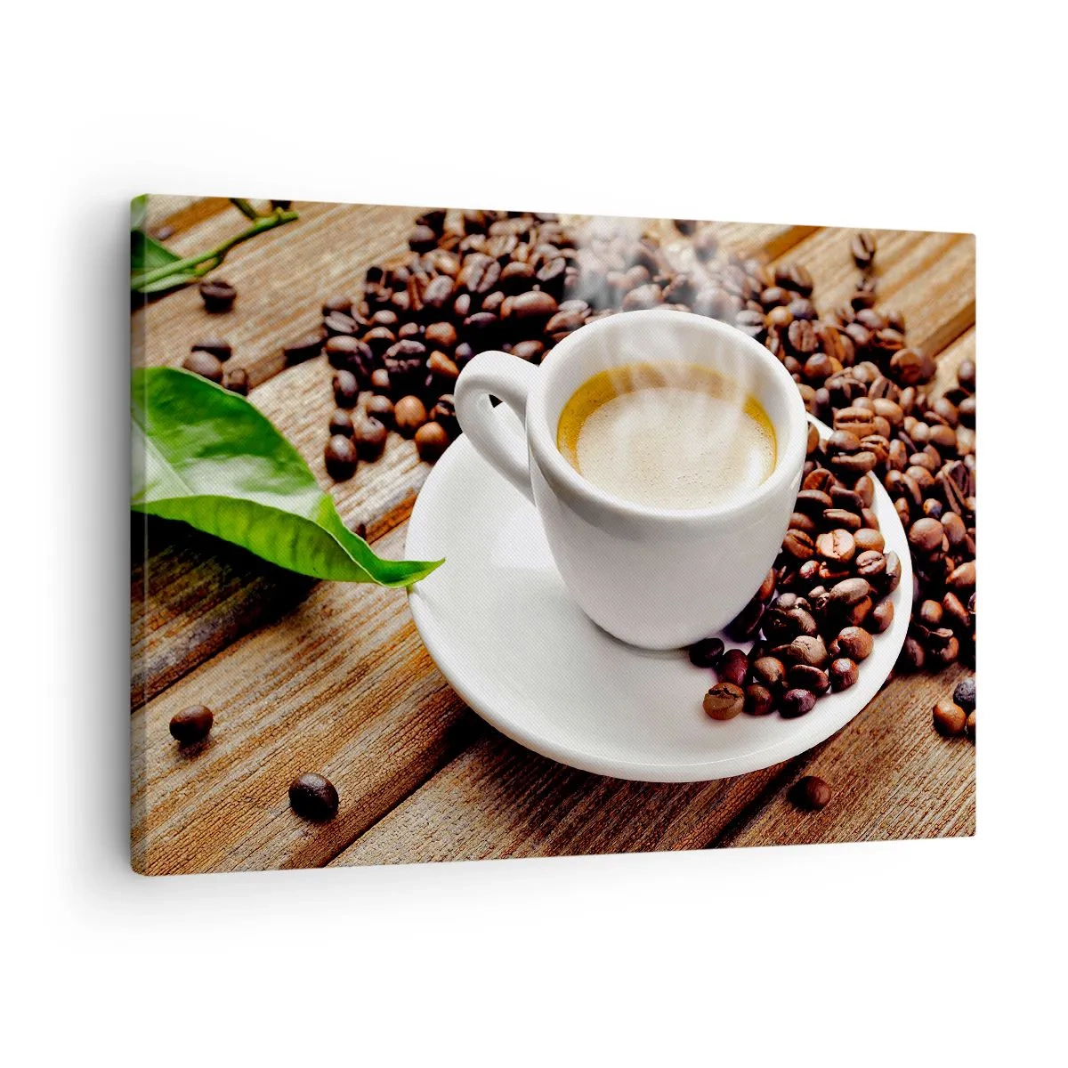 Schilderen op canvas - Een kopje aromatische koffie tegen de achtergrond van bonen en een blad - 70x50cm - Koffie op de bank - Moderne wanddecoratie voor woonkamer en slaapkamer ARTTOR