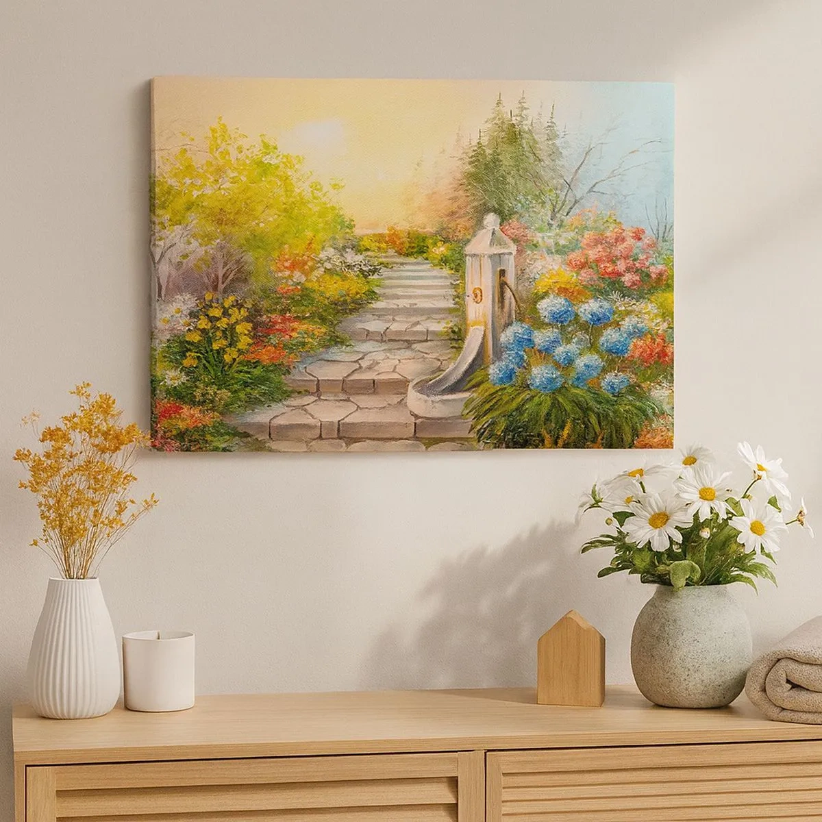 Schilderen op canvas - Een pittoreske tuin met een fontein en kleurrijke bloemen - 70x50cm - In volle bloei - Moderne wanddecoratie voor woonkamer en slaapkamer ARTTOR
