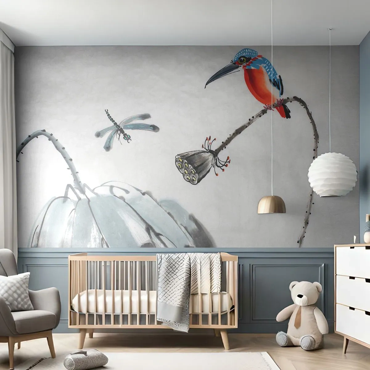 Fotobehang Premium Canvas - Het leven van de weide - Abstractie, Vogel, Bloem - 350x256 cm