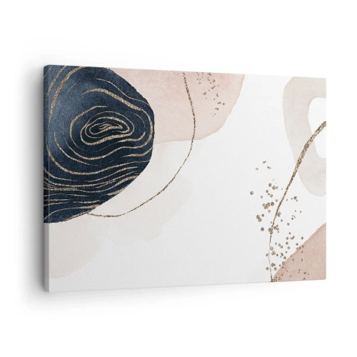 Schilderen op canvas - Abstracte vormen in tinten beige en marineblauw met gouden details - 70x50cm - Alles vloeit - Moderne wanddecoratie voor woonkamer en slaapkamer ARTTOR
