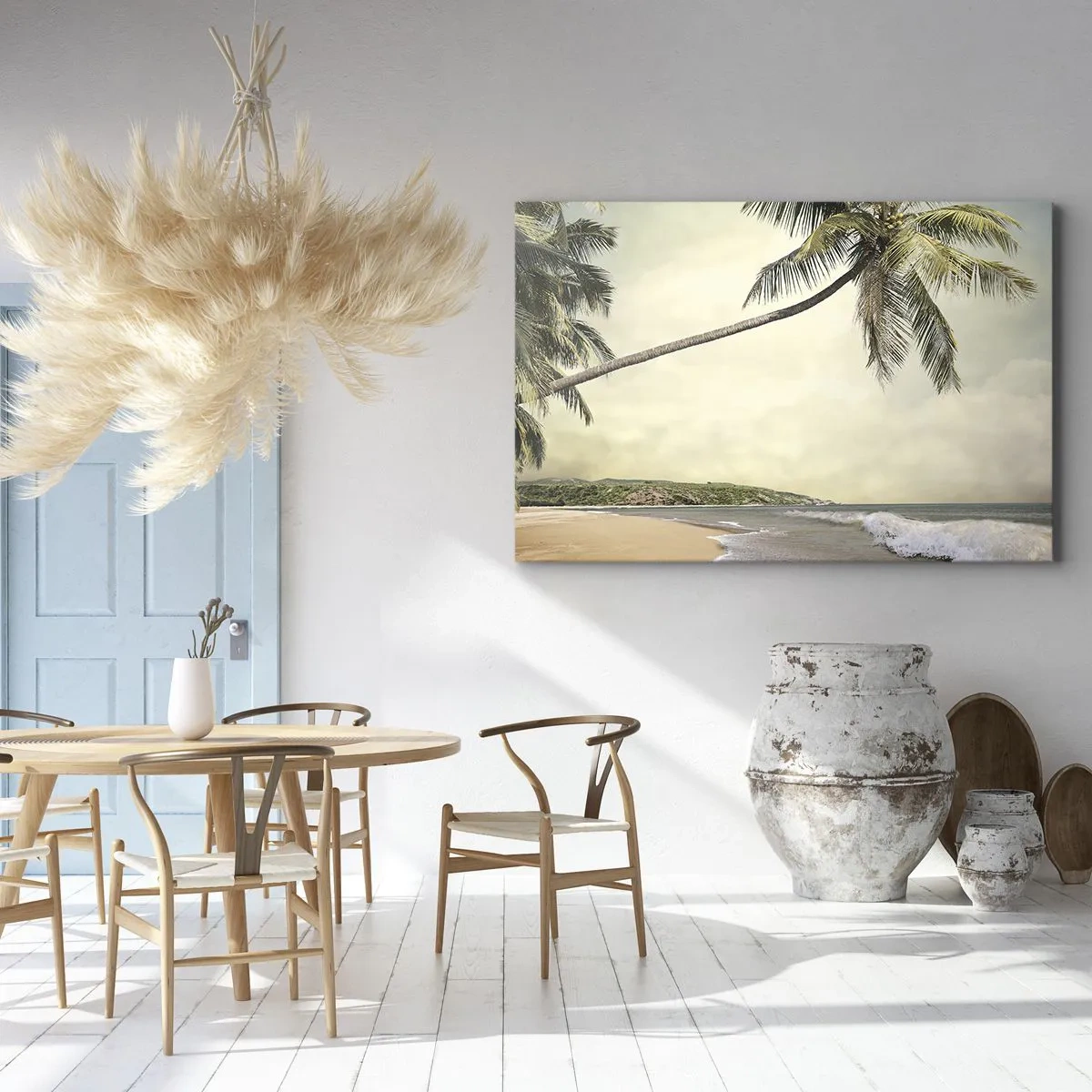 Schilderen op canvas - Een strand met palmbomen tegen de achtergrond van een kalme zee - 70x50cm - Tropische droom - Moderne wanddecoratie voor woonkamer en slaapkamer ARTTOR