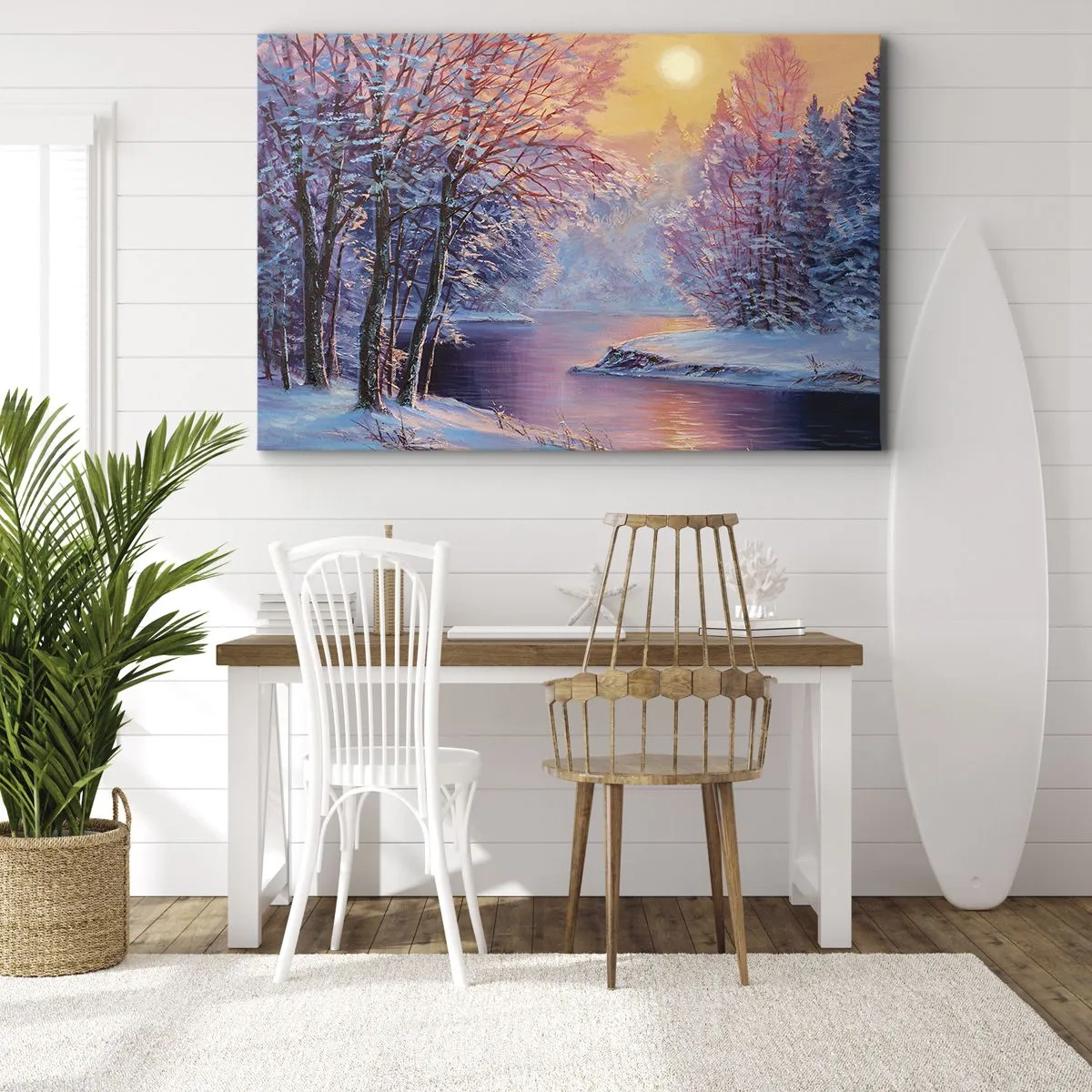 Schilderen op canvas - Winterlandschap met rivier en bomen bij zonsopgang - 70x50cm - De kleuren van de winter - Moderne wanddecoratie voor woonkamer en slaapkamer ARTTOR