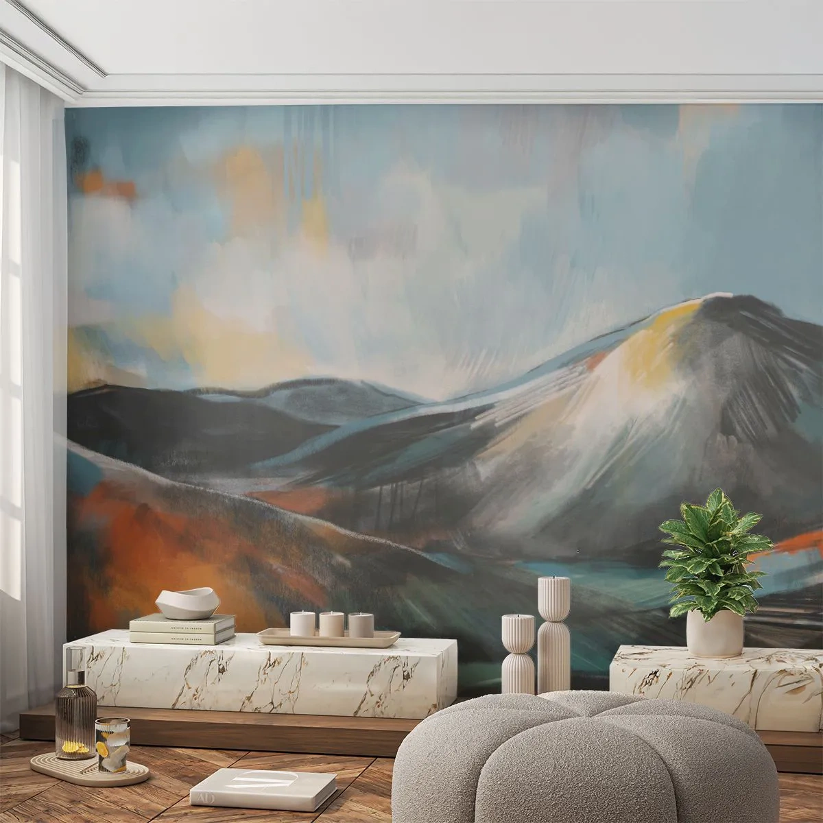 Fotobehang Standard Eco - Een schilderachtig panorama van de bergen in warme en koele kleuren - 100x70cm - Ruw en prachtig - Moderne wanddecoratie voor woonkamer en slaapkamer ARTTOR