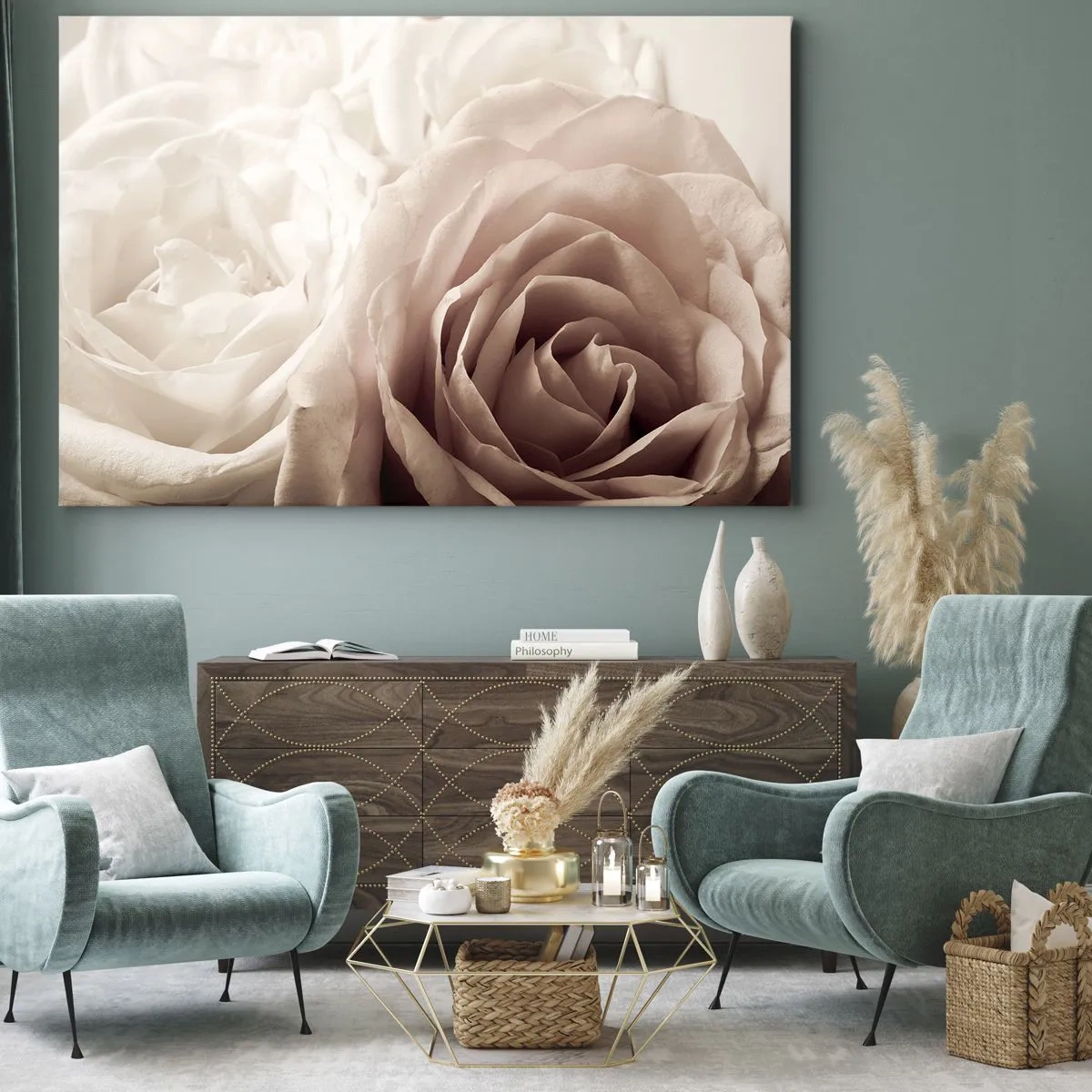 Schilderen op canvas - Delicate rozen in pasteltinten beige - 70x50cm - In het hart van een roos - Moderne wanddecoratie voor woonkamer en slaapkamer ARTTOR