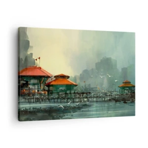 Schilderen op canvas - Havengebouwen in een regenachtig landschap met meeuwen - 70x50cm - Een zonnige dag in de haven - Moderne wanddecoratie voor woonkamer en slaapkamer ARTTOR