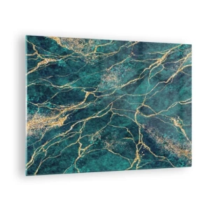 Schilderen op glas - Marmersteen met gouden aderen, blauwgroene en groene tinten - 70x50cm - Goudmijn - Moderne wanddecoratie voor woonkamer en slaapkamer ARTTOR