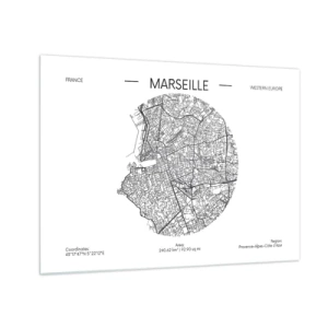 Schilderen op glas - Zwart-witkaart van de stad Marseille in moderne stijl - 70x50cm - Anatomie van Marseille - Moderne wanddecoratie voor woonkamer en slaapkamer ARTTOR