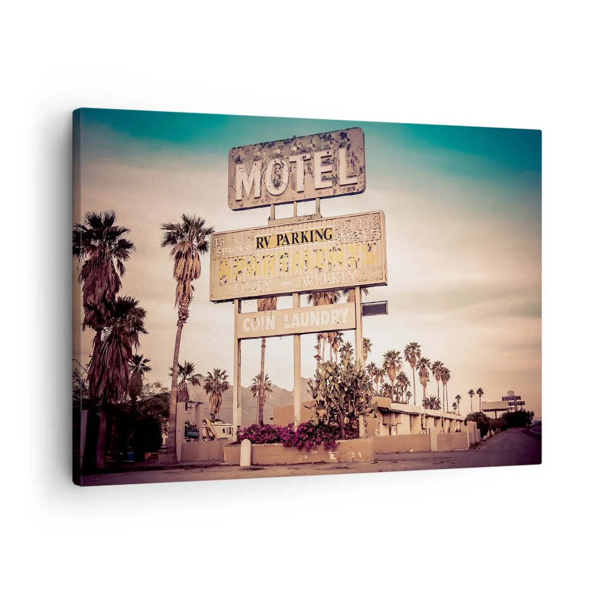 Schilderen op canvas - Retro motelbord omgeven door palmbomen - 70x50cm - Hier staat de tijd stil - Moderne wanddecoratie voor woonkamer en slaapkamer ARTTOR