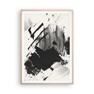 Een poster in een licht eiken lijst - Abstractie – expressie van zwart - 70x100 cm