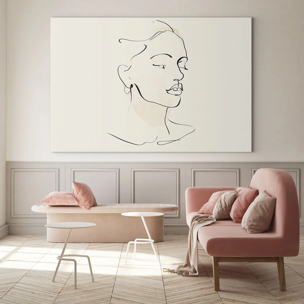 Schilderen op glas - Een lineair portret van een vrouw tegen een lichte achtergrond met subtiele schaduwen. - 70x50cm - Een bepaalde lijn - Moderne wanddecoratie voor woonkamer en slaapkamer ARTTOR