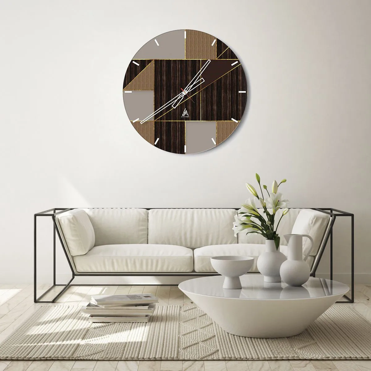 Wandklok - Klok - Moderne mozaïek met bruine, beige en gouden lijnen - 30x30cm - Een mozaïek van bruin en goud - Moderne wanddecoratie voor woonkamer, keuken en slaapkamer ARTTOR