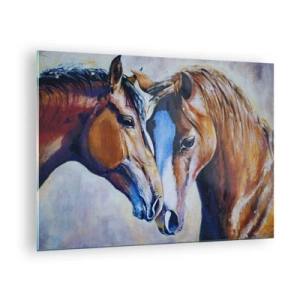Schilderen op glas - Twee paarden in een teder gebaar van nabijheid - 70x50cm - Is het vriendschap? is het liefde? - Moderne wanddecoratie voor woonkamer en slaapkamer ARTTOR