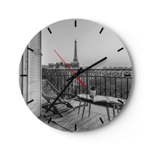 Wandklok - Klok - Uitzicht vanaf het balkon van de Eiffeltoren in zwart-wit - 30x30cm - Parijs' namiddag - Moderne wanddecoratie voor woonkamer, keuken en slaapkamer ARTTOR