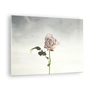 Schilderen op glas - Een delicate roos tegen de lucht met vliegende vogels - 70x50cm - Begroeting van de lente - Moderne wanddecoratie voor woonkamer en slaapkamer ARTTOR