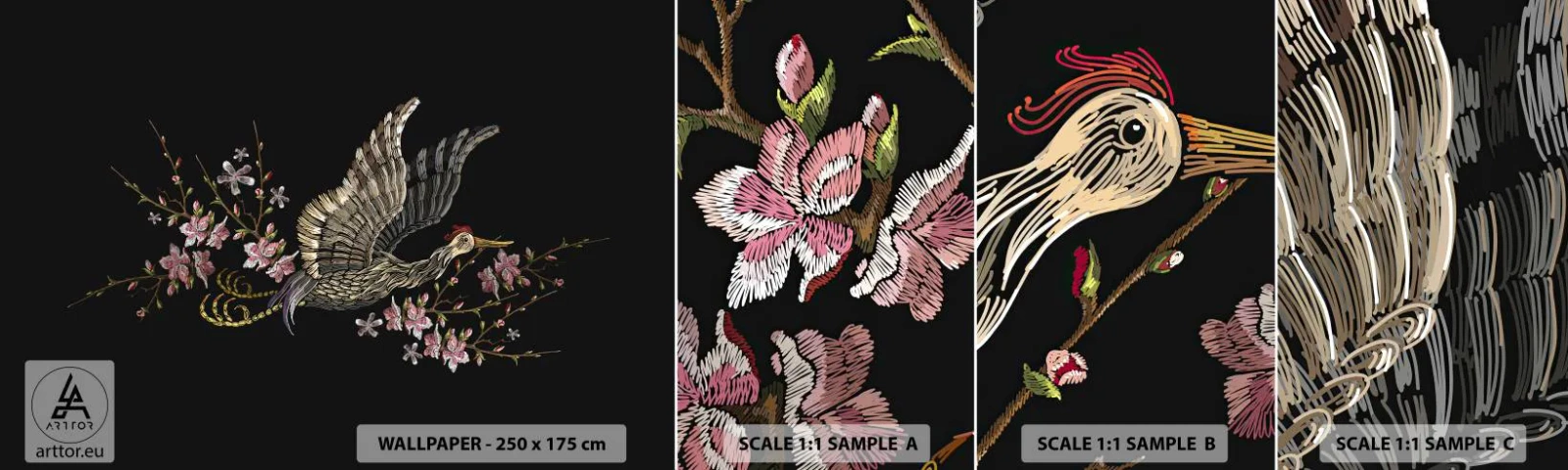 Fotobehang Monster Zelfklevend Deluxe Sticker - Exotische geborduurde vogel - Vogel, Grafisch, Bloemen - 100x30 cm