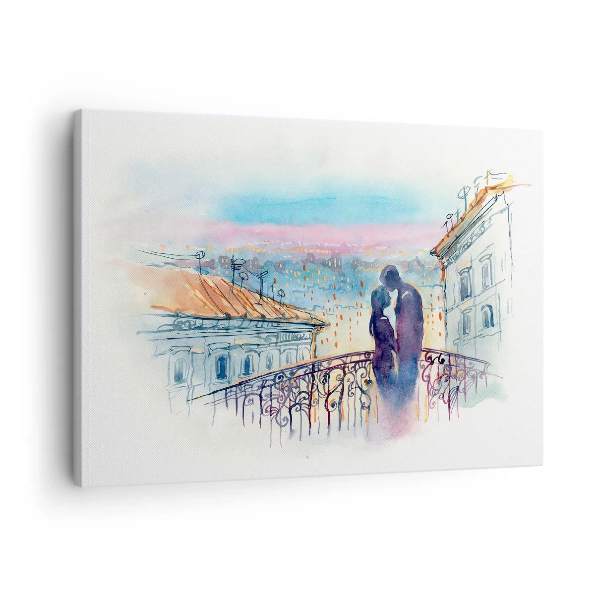 Schilderen op canvas - Romantisch stel op een balkon met uitzicht op de stad - 70x50cm - Parijs liefhebbers - Moderne wanddecoratie voor woonkamer en slaapkamer ARTTOR