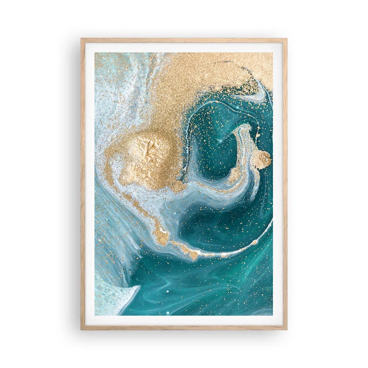 Een poster in een licht eiken lijst - Een werveling van goud en turkoois - 70x100 cm