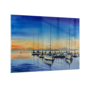Schilderen op glas - Zeilboten in de haven bij zonsondergang - 70x50cm - Einde van een goede dag - Moderne wanddecoratie voor woonkamer en slaapkamer ARTTOR