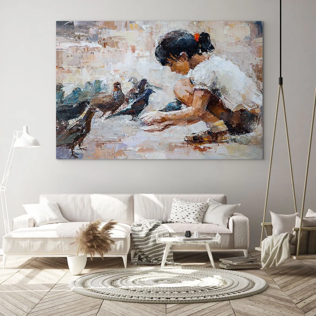 Schilderen op glas - Een meisje dat vogels voedt tegen een impressionistische achtergrond - 70x50cm - De kleintjes en de leukste - Moderne wanddecoratie voor woonkamer en slaapkamer ARTTOR