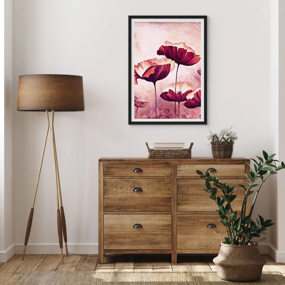 Poster in een zwarte lijst - Rood en wit bloemblad - 40x50 cm