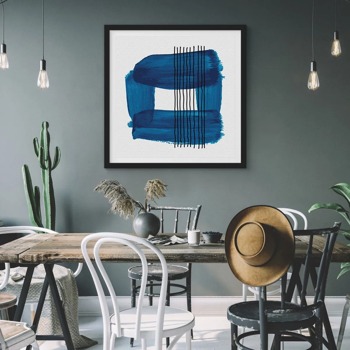 Poster in een zwarte lijst - Blauwe en zwarte compositie - 40x40 cm