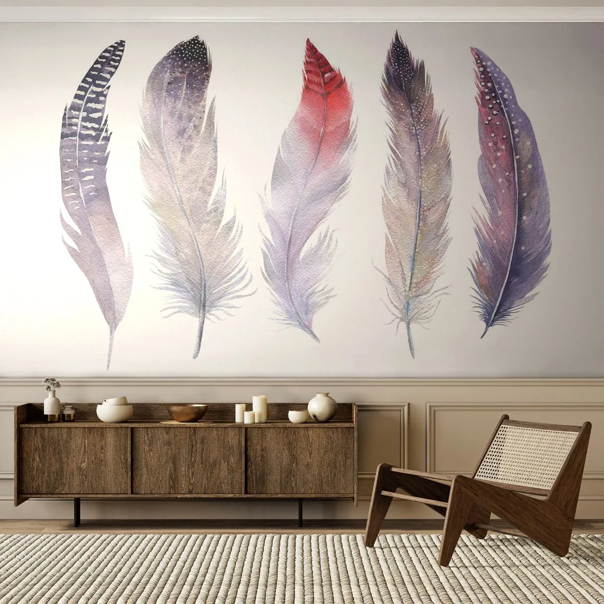 Fotobehang Standard Eco - Delicaat als veelkleurige mist - Vogelveer, Boho, Grafisch - 250x175 cm